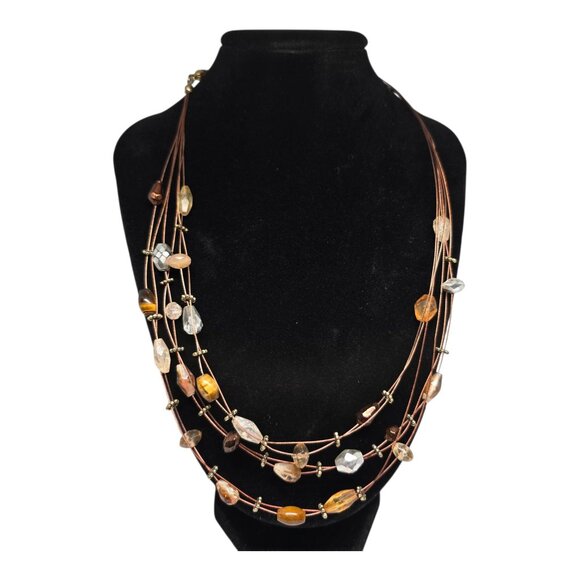 Jewelry - Boho Multi Strand Beaded Necklace Brown Cord Amber Gold Tone Stone Necklace